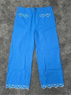 Anthropologie Maeve Colette Lace Trim Full-Length Wide-Leg Pants in Blue
